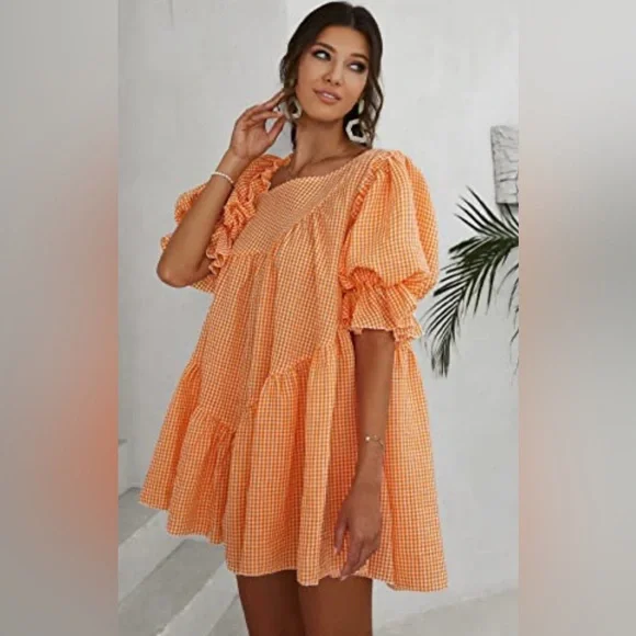 Orange & White Gingham Asymmetrical Neck Puff Sleeve Ruffle Hem Smock Dress - Picture 2 of 6